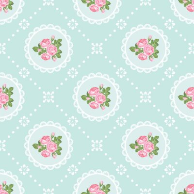 Papier peint à motif  Fleurs shabby chic roses sur fond turquoise