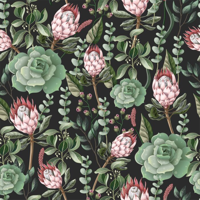Papier peint à motif  Fleurs succulentes et feuilles fond noir