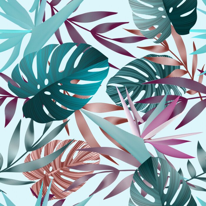 Papier peint à motif  Fleurs tropicales, feuilles de jungle, fleur d'oiseau de paradis.