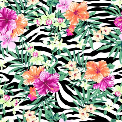 Papier peint à motif  Fleurs tropicales sur zebra print ~ fond transparent