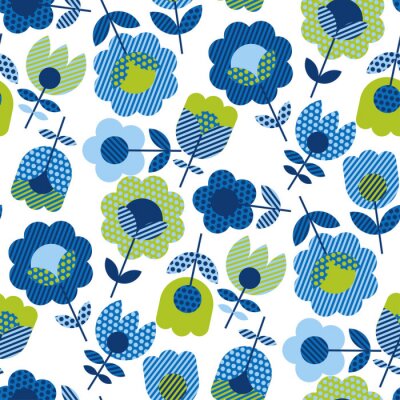 Papier peint à motif  Fleurs vertes et bleues à pois et rayures