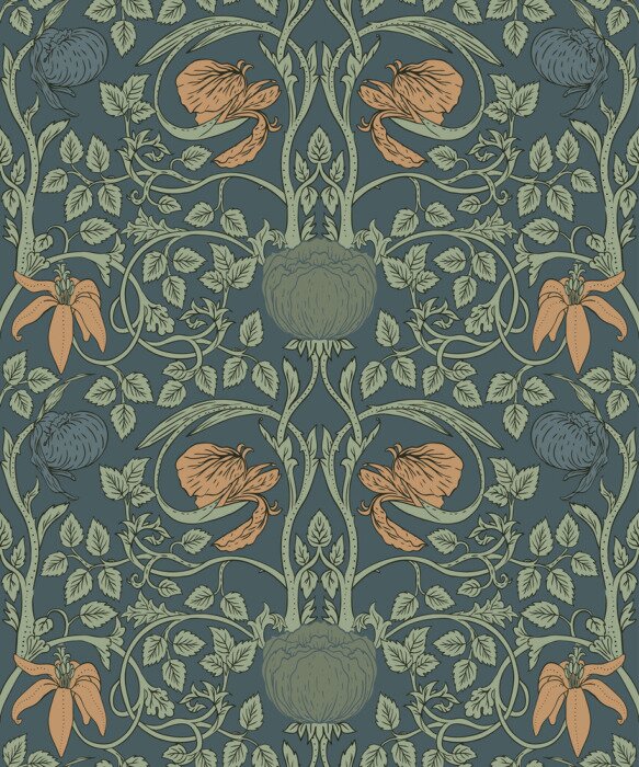 Papier peint à motif  Fleurs Vintage Enchanted. Mouvement Arts and Crafts inspiré.