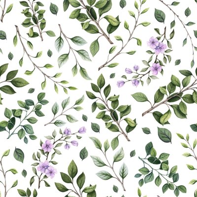 Papier peint à motif  Fleurs violettes et feuilles vertes