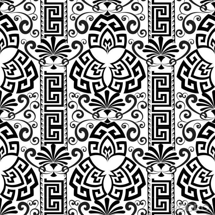 Papier peint à motif  Floral décoratif noir et blanc sans couture grecque.