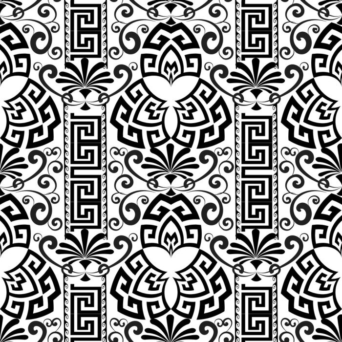 Papier peint à motif  Floral décoratif noir et blanc sans couture grecque.