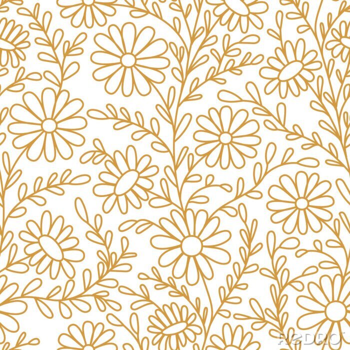 Papier peint à motif  Floral pattern. Chamomiles. Seamless pattern gold outline on a white background