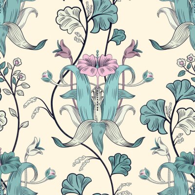 Papier peint à motif  Floral pattern sans couture vintage. Style de plantes rétro. Fleurs décoratives verticales, motif moderne. Ornement damassé coloré