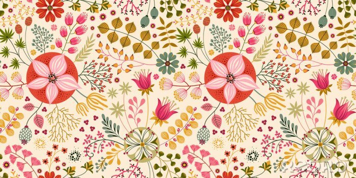 Papier peint à motif  Floral seamless pattern on WHITE. Abstract vector background with flowers and leaves. Natural bright design.