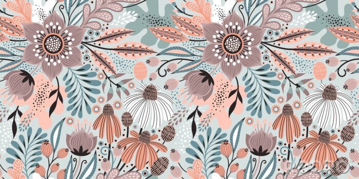Papier peint à motif  Floral seamless pattern on white. Abstract vector background with flowers and leaves. Natural bright design. Scandinavian style.