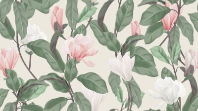 Papier peint à motif  Floral seamless pattern, pink and white Anise magnolia flowers and leaves on light brown, pastel vintage theme