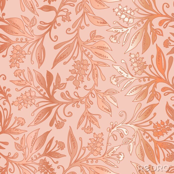 Papier peint à motif  Floral seamless pattern with abstract leaves and berries in coral colors with metallic gradient. Design for wallpapers, wrappings, textiles, fabrics.