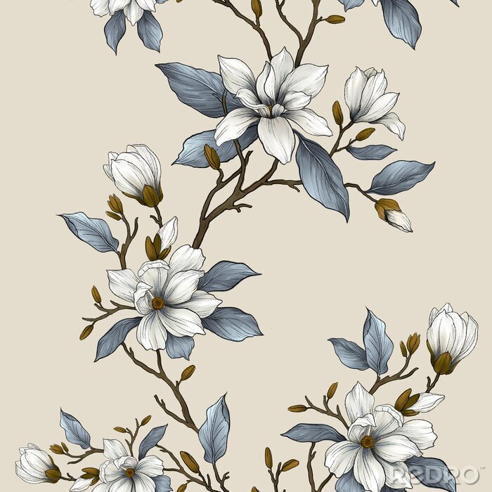 Papier peint à motif  
Floral seamless pattern with blooming magnolia