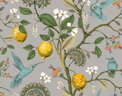 Papier peint à motif  Floral vector seamless pattern. Botanical wallpaper. Plants, birds flowers backdrop. Drawn nature vintage wallpaper. Lemons, flowers, hummingbirds, blooming garden. Design for fabric, textile, paper