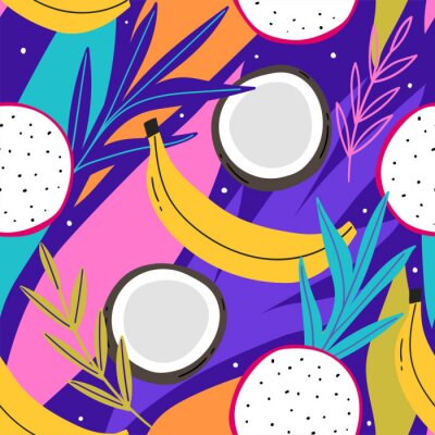 Papier peint à motif  Fond coloré avec des fruits tropicaux