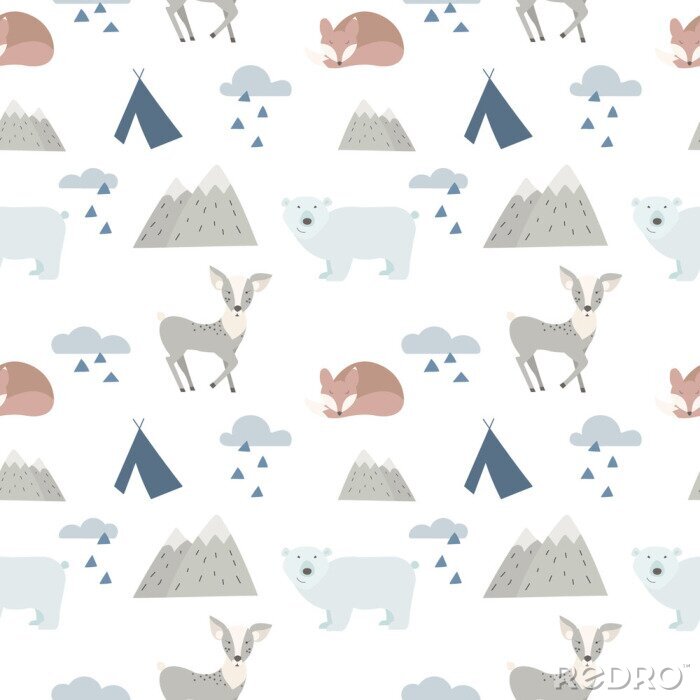 Papier peint à motif  Fond d'animaux de forêt sans couture avec des cerfs mignons, des ours et du renard. Style de dessin animé.