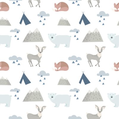 Papier peint à motif  Fond d'animaux de forêt sans couture avec des cerfs mignons, des ours et du renard. Style de dessin animé.