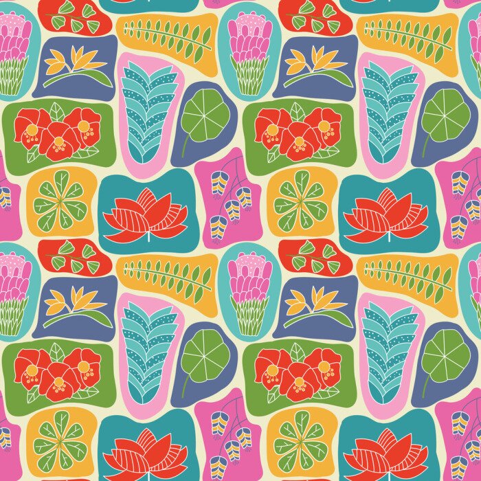 Papier peint à motif  Fond d'écran mignon avec des fleurs tropicales style plat beauté.