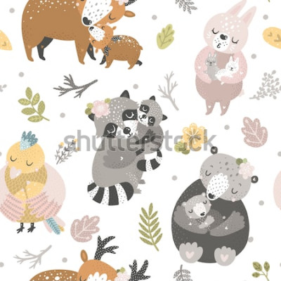 Papier peint à motif  Fond d'enfants avec des animaux mignons de la forêt. Ours, lapin, cerf, oiseau et raton laveur. Mère et bébé