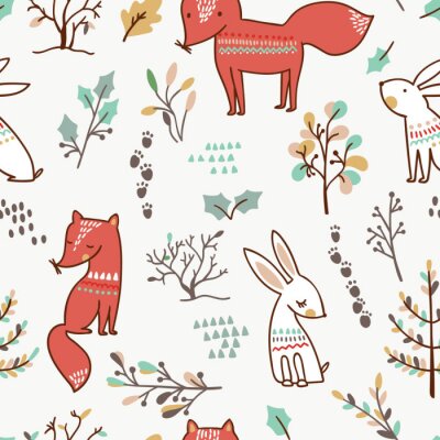 Papier peint à motif  Fond de forêt d'hiver avec des renards et des lapins. Modèle sans couture