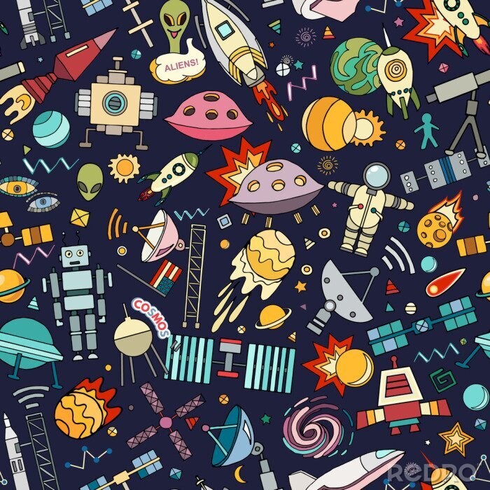 Papier peint à motif  Fond de vecteur Cosmos. Arrière-plan transparent de dessin animé. Modèle sans couture avec des fusées spatiales de bande dessinée, cosmonaute, planètes, étoiles.