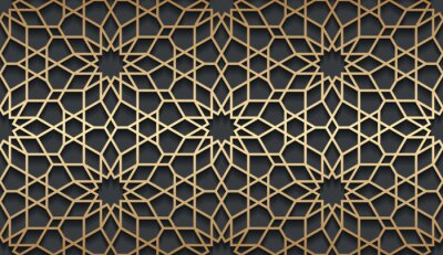Fond horizontal doré islamique de vecteur. Transparente motif volumétrique oriental avec une ombre.