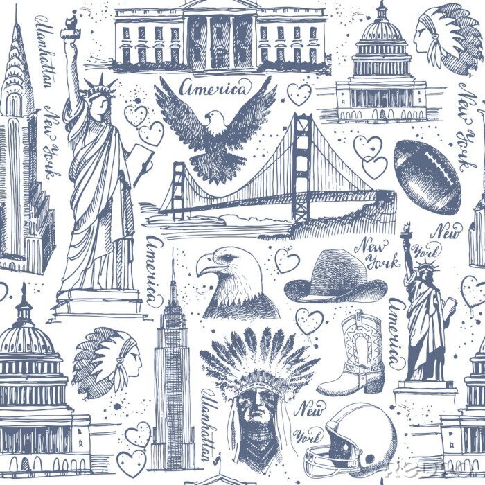 Papier peint à motif  Fond transparent avec des croquis de symboles des États-Unis