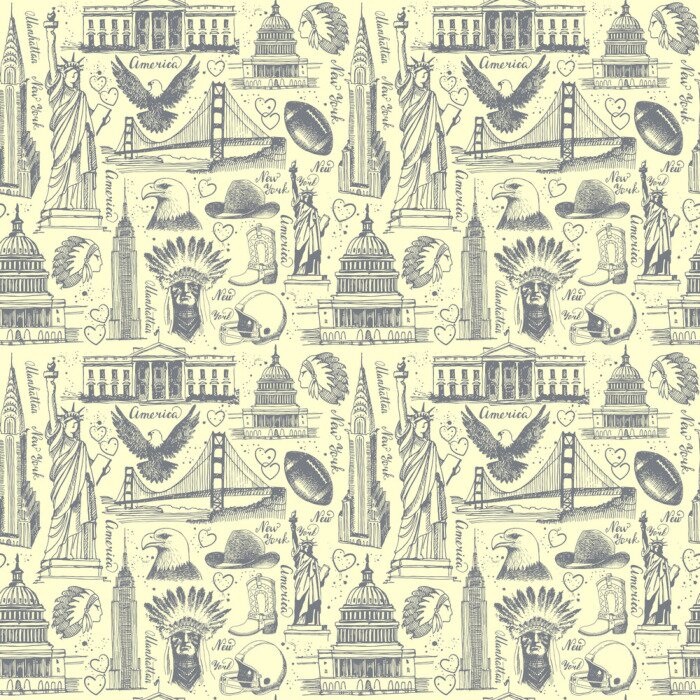 Papier peint à motif  Fond transparent avec des croquis de symboles des États-Unis