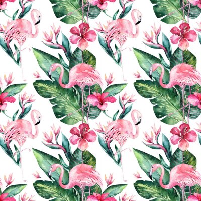 Papier peint à motif  Fond tropical tropical floral sans couture avec des feuilles de palmier tropical, oiseau flamant rose, hibiscus exotique. Parfait pour les papiers peints de la jungle, le design textile de mode, l'imp