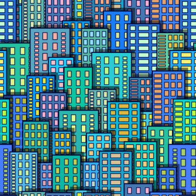 Fond urbain sans couture, ville colorée abstraite, gratte-ciels avec des fenêtres incandescentes, motif de carreaux pour votre conception. Eps10, contient des transparents. Vecteur