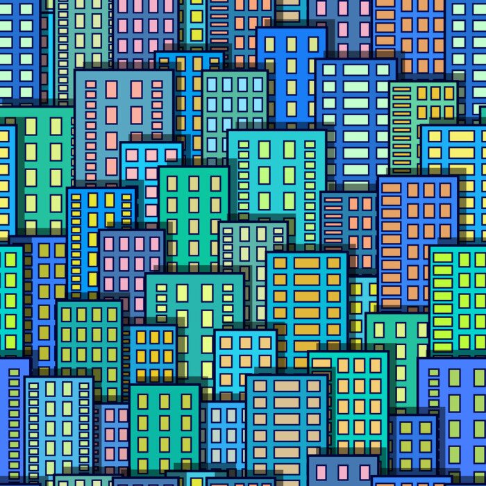 Papier peint à motif  Fond urbain sans couture, ville colorée abstraite, gratte-ciels avec des fenêtres incandescentes, motif de carreaux pour votre conception. Eps10, contient des transparents. Vecteur