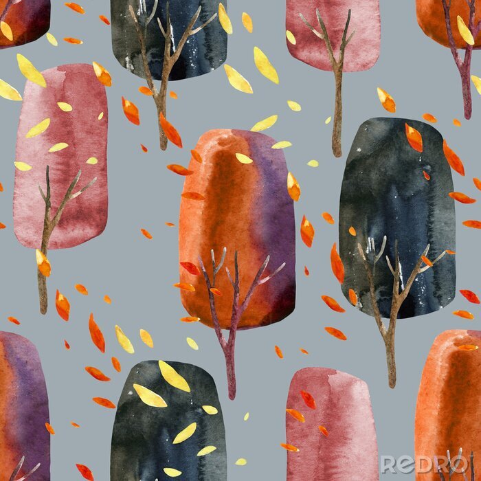 Papier peint à motif  Forêt aquarelle aux couleurs de l'automne