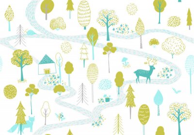 Papier peint à motif  Forêt avec des animaux et une petite maison