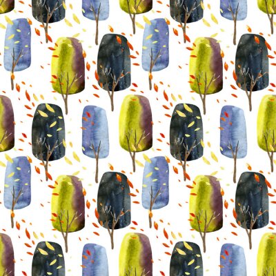 Papier peint à motif  Forêt d'automne aquarelle sur fond blanc