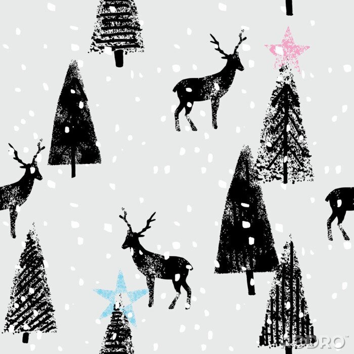 Papier peint à motif  Forêt d'hiver avec rennes