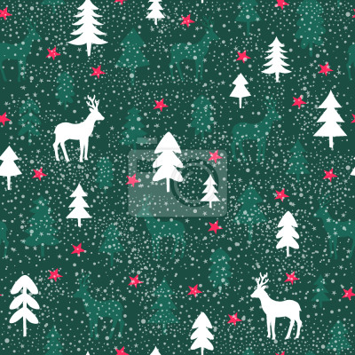 Papier peint à motif  Forêt d'hiver avec rennes sur fond vert