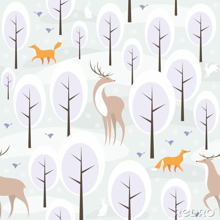 Papier peint à motif  Forêt d'hiver et animaux sauvages