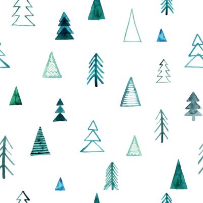 Papier peint à motif  Forêt de conifères aquarelle sur fond blanc