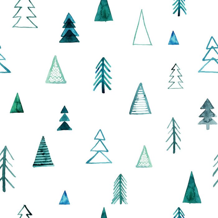 Papier peint à motif  Forêt de conifères aquarelle sur fond blanc
