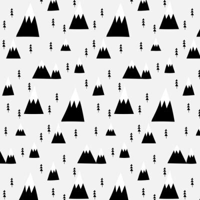 Papier peint à motif  Forêt dessinée à la main et motif de montagne.