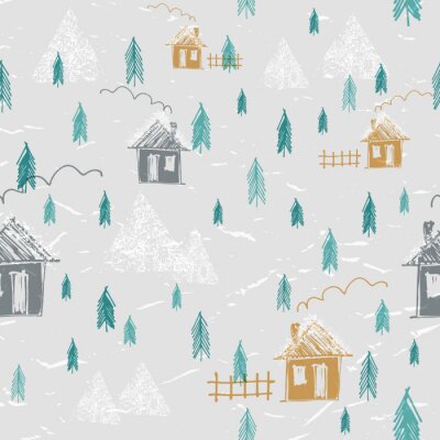 Papier peint à motif  Forêt dessinée à la main simple en hiver. Maisons, montagnes, pins et neige. Silhouette pattern. Mignon style enfantin.