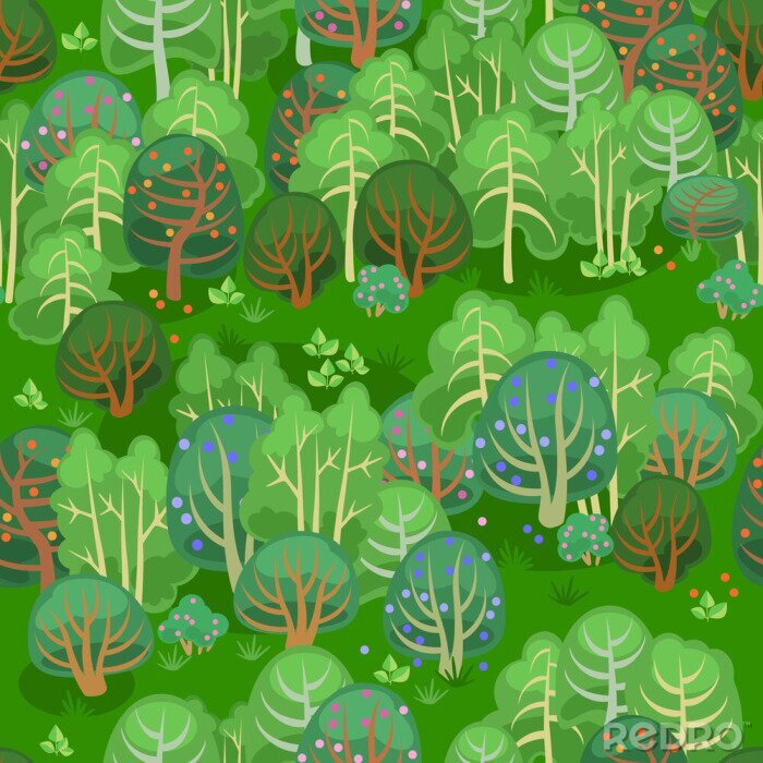 Papier peint à motif  Forêt en été avec des baies / Forme transparente de forêt de fées en été