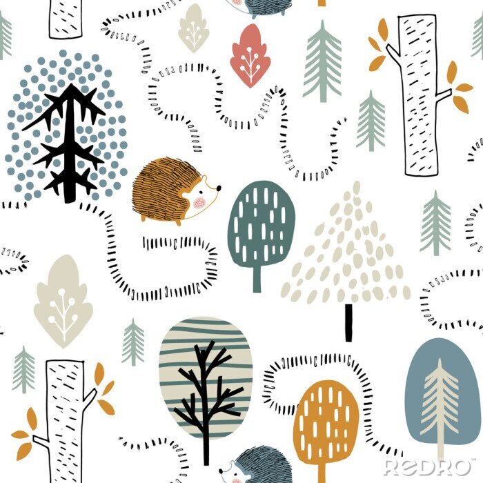 Papier peint à motif  Forêt et hérissons mignons dans un style scandinave