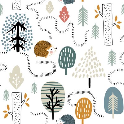 Papier peint à motif  Forêt et hérissons mignons dans un style scandinave