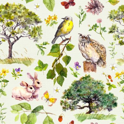 Papier peint à motif  Forêt et parc: oiseau, animal de lapin, arbre, feuilles, fleurs, herbe. Motif sans couture. Aquarelle