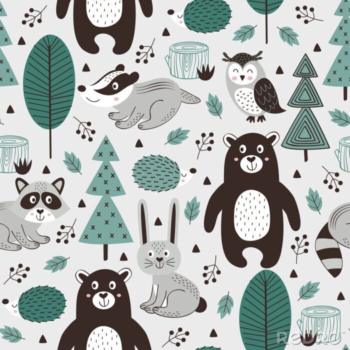Papier peint à motif  Forêt scandinave avec des animaux pour les enfants