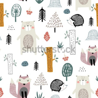 Papier peint à motif  Forêt scandinave pour enfants avec des animaux