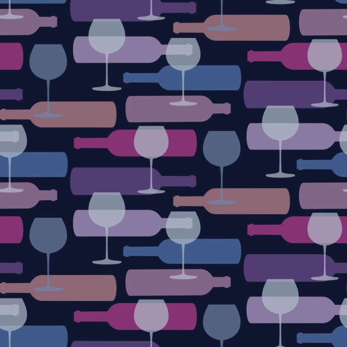 Papier peint à motif  Forme transparente avec des bouteilles de vin et de verres sur fond sombre.