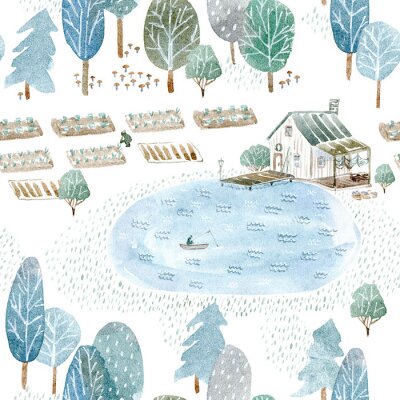 Papier peint à motif  Forme transparente d'une maison et d'un jardin de pêcheurs. Vue d'ensemble d'une forêt, d'un lac et d'un lac. Illustration dessinée à la main dessinée. Fond blanc.
