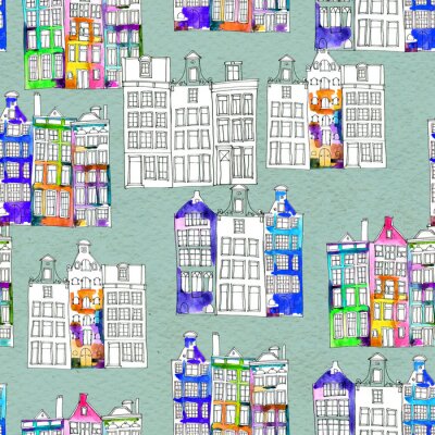 Papier peint à motif  Forme transparente et aquarelle Maisons d'Amsterdam