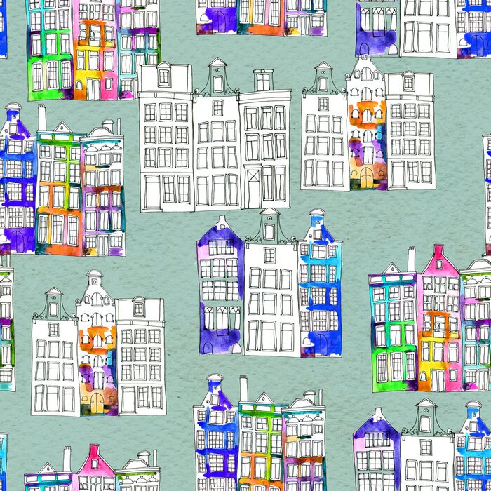 Papier peint à motif  Forme transparente et aquarelle Maisons d'Amsterdam